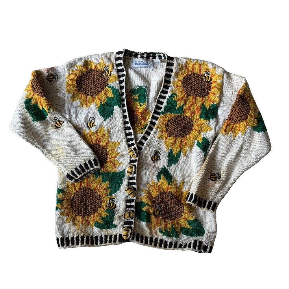 VTG Belle Pointe Cardigan Sweater Bumble Bee Sunflowers Sz S Cottage Core